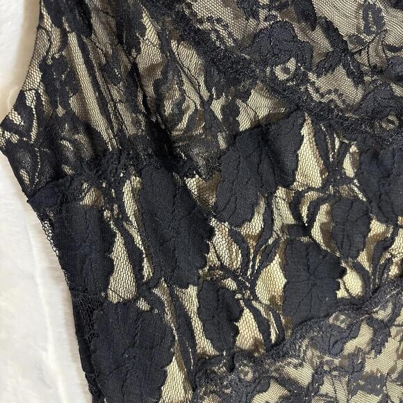 ONYX NITE Black Lace One Shoulder Nude Slip Sheath Party Dress Medium M 18” ptp - Picture 3 of 7